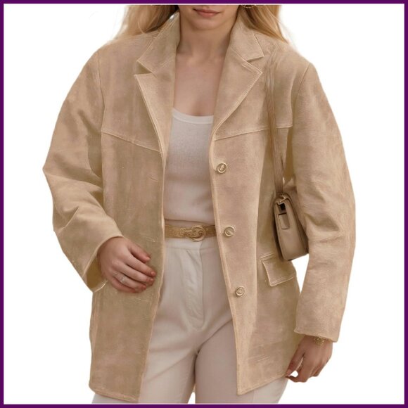 Faux Suede Oversized Blazer Jacket Women's Lapel Collar Button Closure